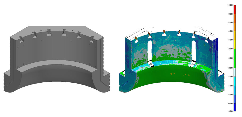 Vergelijking van CAD model en 3D mesh van gescand beton element.