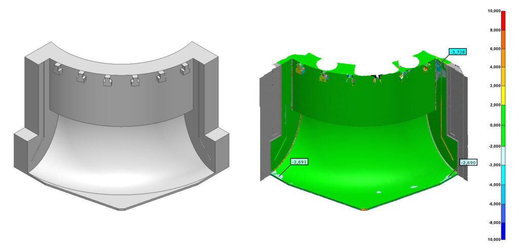 Vergelijking van CAD model en 3D mesh van gescande mal.